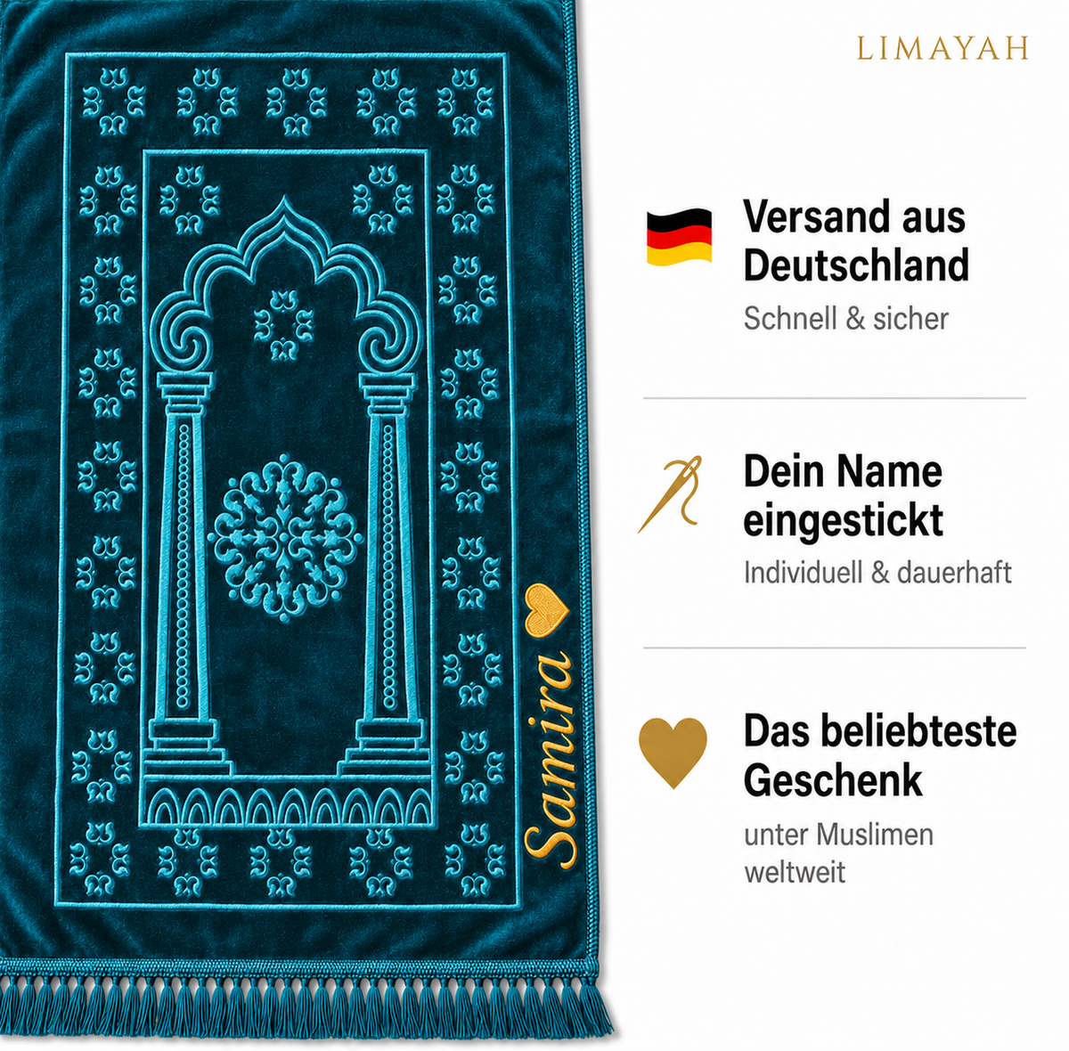 Gebetsteppich mit Namen - Ozeanblau